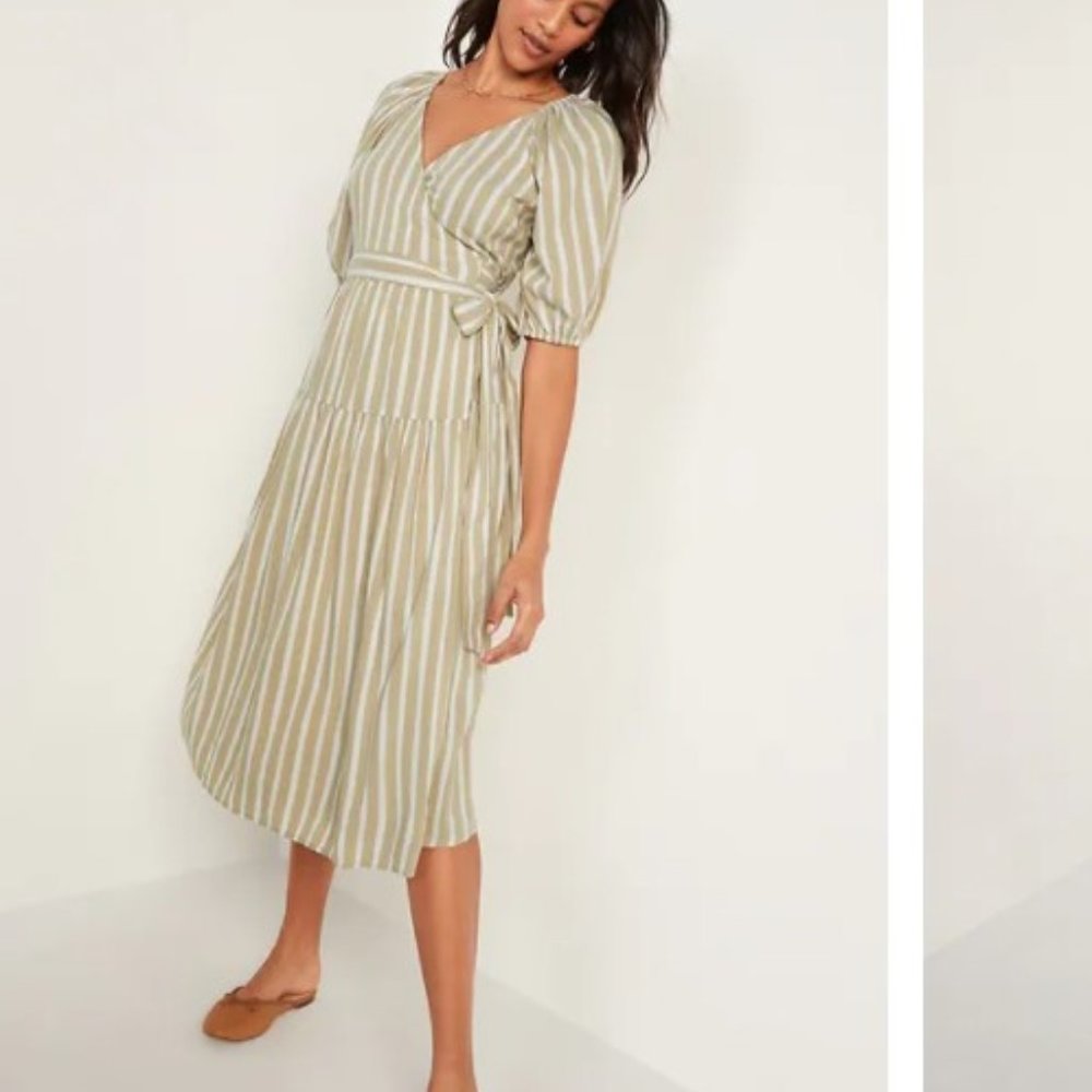 Waist-Defined Striped Tie-Belt Midi Wrap Dress for Women - Natural Stripe XS